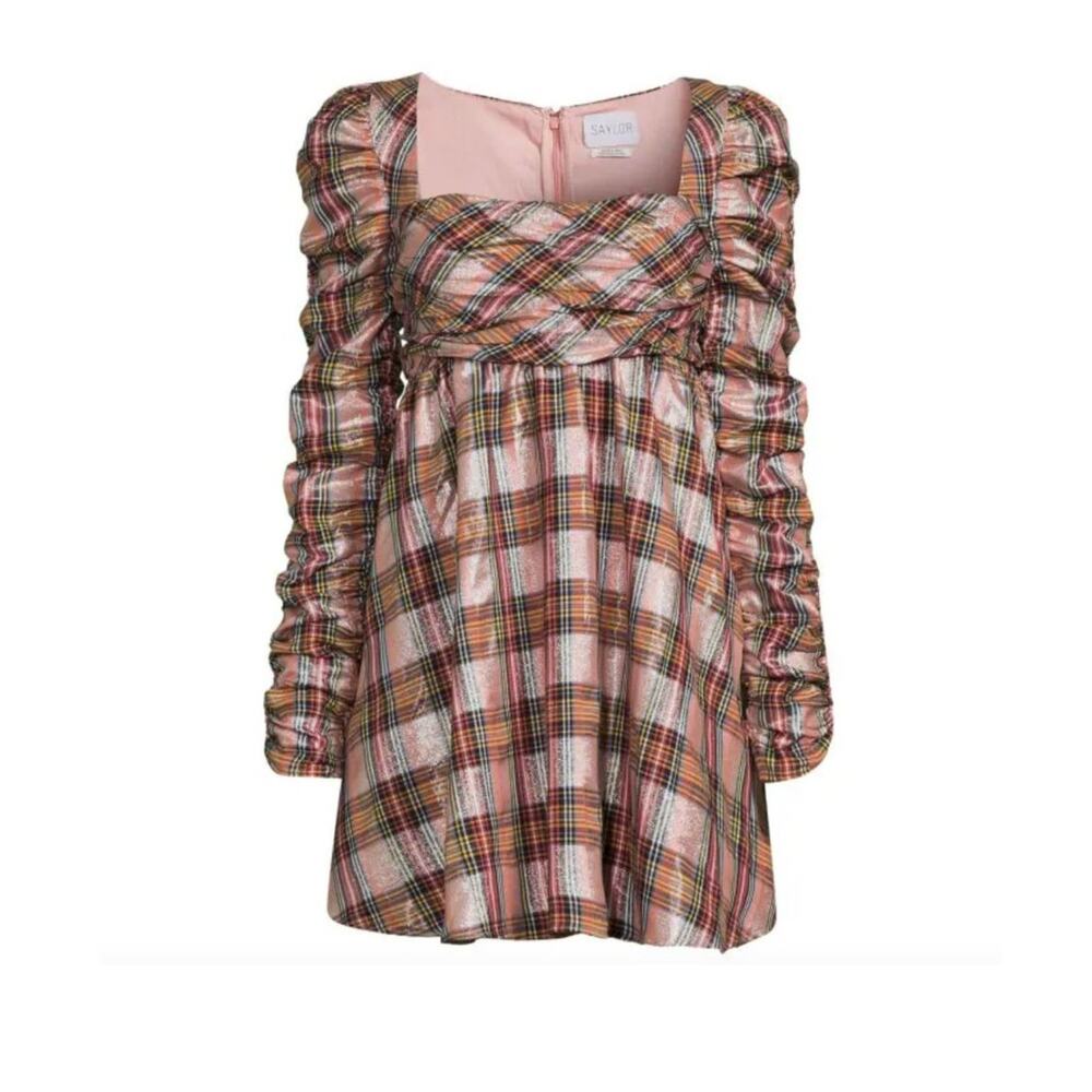 Saylor Pink Plaid Metallic Babydoll Mini Dress Yulia Size Small